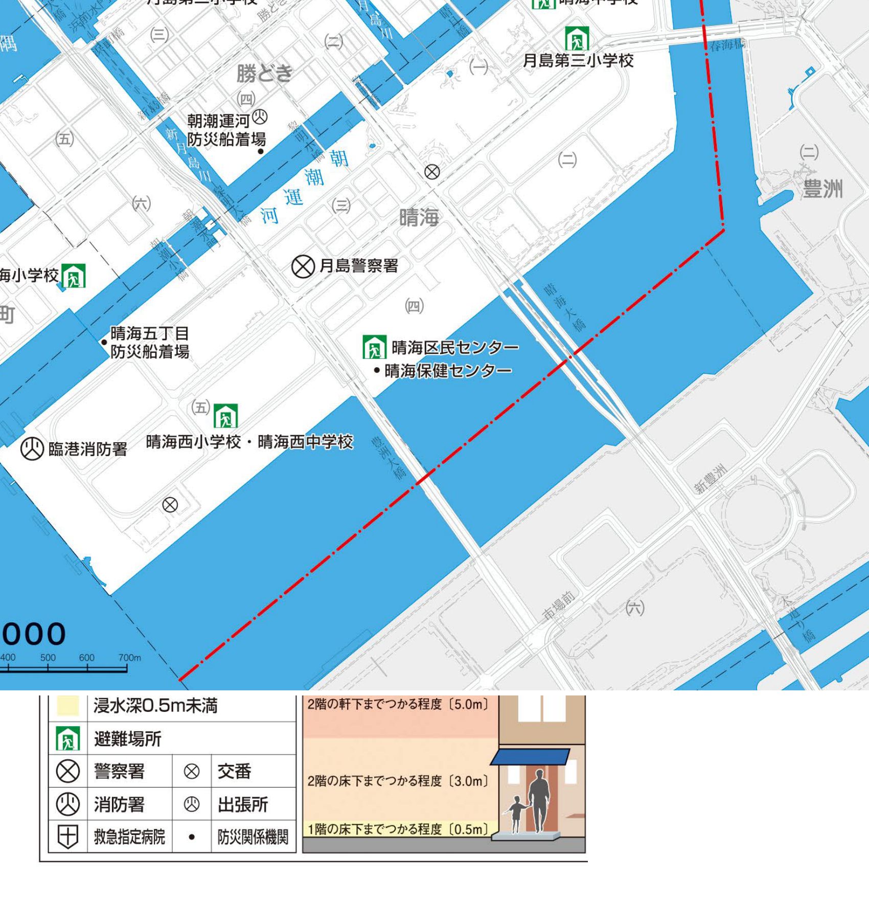 中央区洪水ハザードマップ（荒川版）晴海付近の抜粋。晴海フラッグは浸水想定区域外。