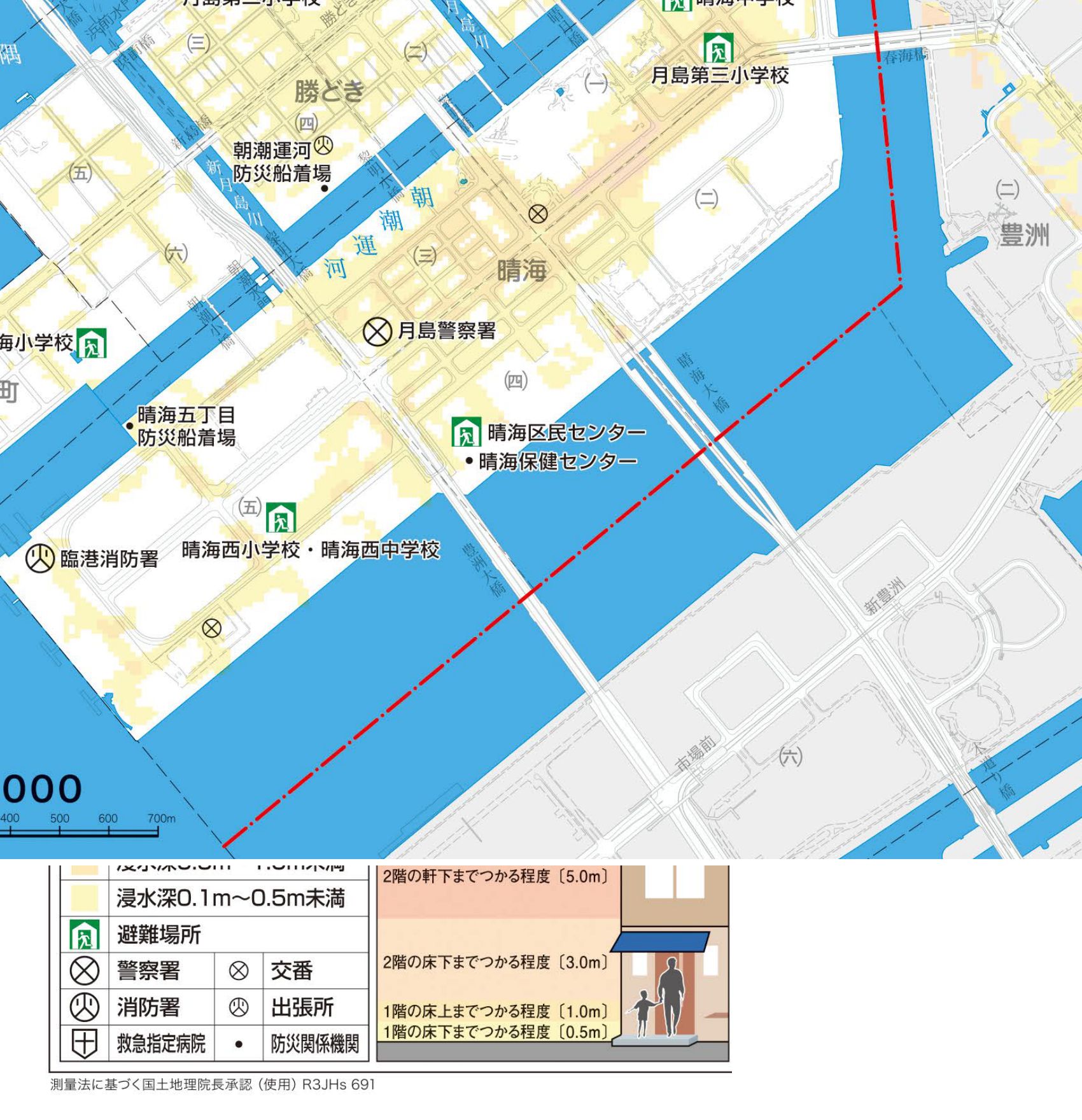 中央区洪水ハザードマップ（隅田川・神田川版）晴海付近の抜粋。晴海フラッグは浸水想定区域外。